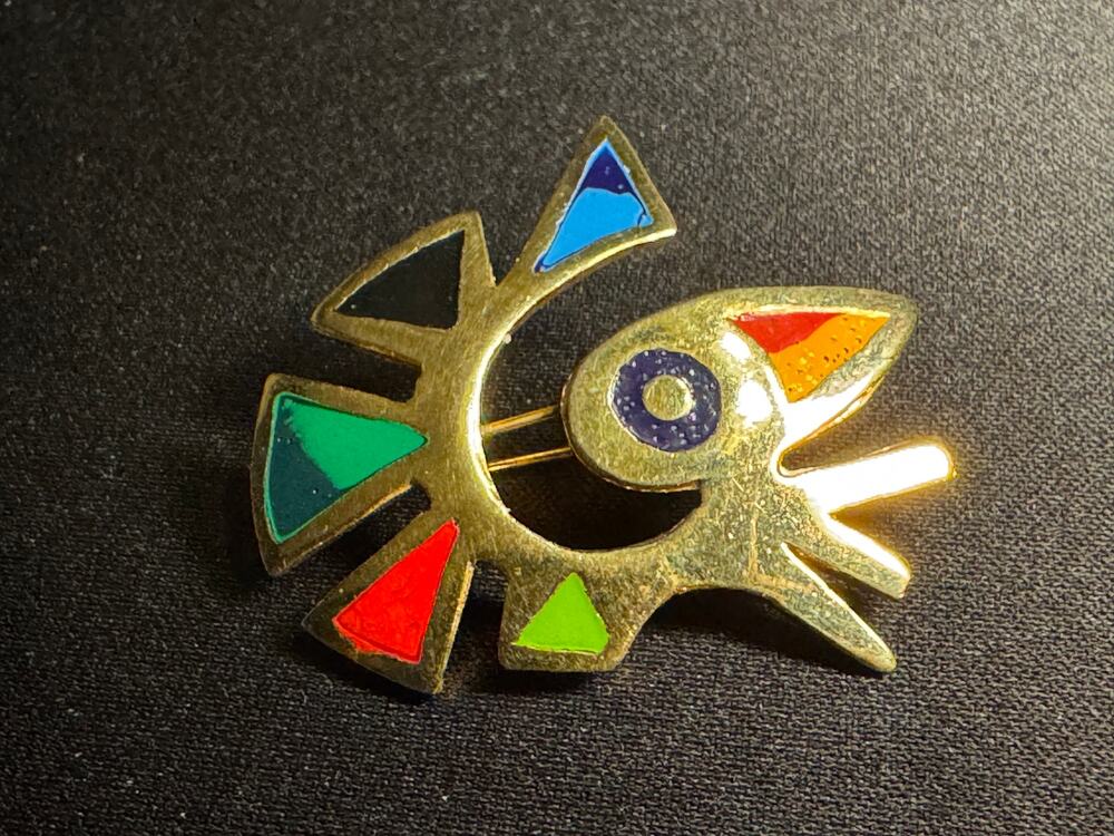 Vintage Modernist Bird Brooch Gold Tone Colorful Enamel